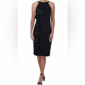 Lauren Ralph Lauren 18 Knoelyn Ruffled Cocktail Sheath Dress Navy Beaded Halter